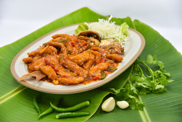 Three Flavoured deep-fried Red Tilapia Fish - Thai food, top view on white background.