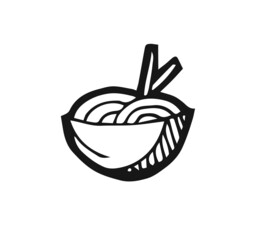 Plate of noodles and chopsticks. Hand drawing outline. Isolated on white background. Monochrome drawing. Vector