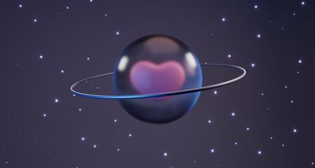 Pink heart in glass bubble against starry sky background, 3d render