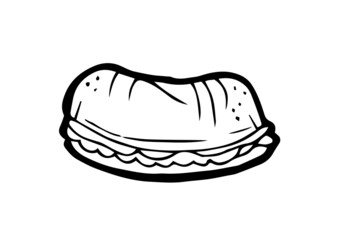 Baking buns and Baking burger sandwich.. Hand drawing outline. Isolated on white background. Monochrome drawing. Vector
