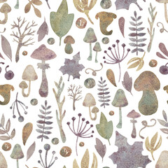 Watercolor seamless background with forest flowers, herbs and mushrooms in vintage style. Pattern with lilies of the mushrooms, brunches, berries and other wild plants