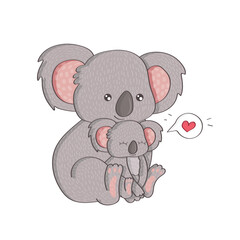Mom koala sits with the baby in an embrace. Vector illustration of a cute animal. Cute little illustration of koala for kids, baby book, fairy tales, covers, baby shower invitation, textile t-shirt.