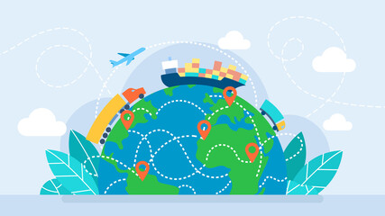 Fast shipping. Business logistics. A logistic transport import export cargo world globe design with truck, air plane and ship. Delivery or postal service technologies, freights transportation. Vector	
