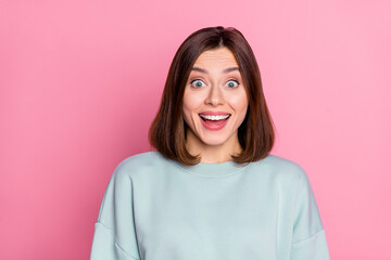 Fototapeta premium Photo of young pretty impressed girl face reaction discount information isolated over pink color background
