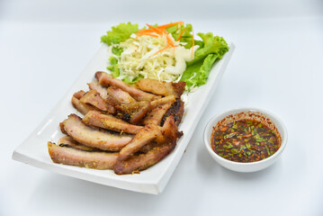 Deep-fried Pork Shoulder - Thai food, top view on white background.