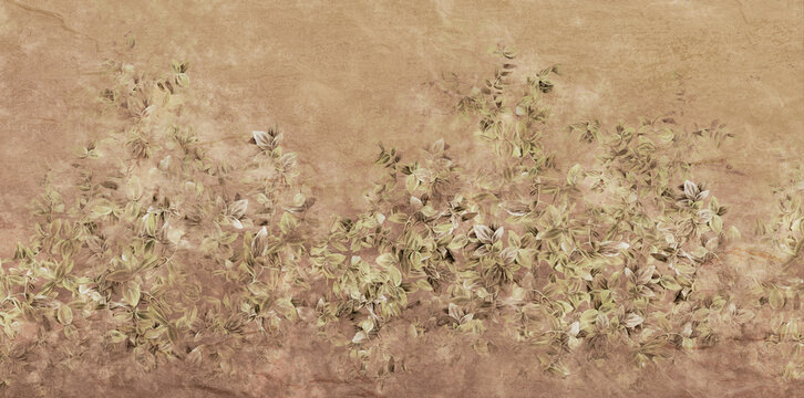art painted leaves barely visible on the textured wall in vintage style photo wallpaper © Виктория Лысенко