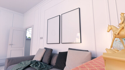 Photo frame wall mockup two interior theme with mirror glass perspective minimalist room