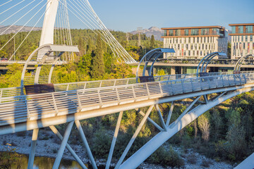 The metal construction of this pedestrian bridge was a gift by the city of Moscow to the people of Montenegro. Built in 2008 the modern design juxtaposes well with the nearby Millennium bridge