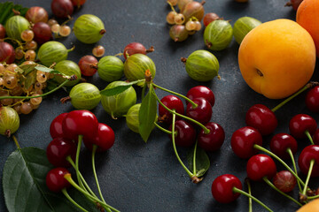 Close up of cherry and berries summer food background