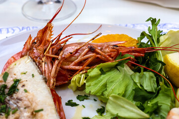 Close up view on a traditional Italian meal with grilled octopus, shrimp, scampi. Delicious fish plate in a testaurant in Syracuse, Sicily, Italy, Europe EU. Mediterranean cuisine. Seafood