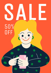 Sale banner in flat style. 50% discount. A woman on a orange background makes purchases on a smartphone. Vector illustration.