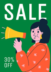 Sale banner in flat style. 30% discount. A woman on a green background screams into a bullhorn. Vector illustration.