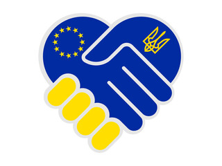Handshake symbol in the colors of the national flags of EU and Ukraine, forming a heart. The concept of peace, friendship. Vector