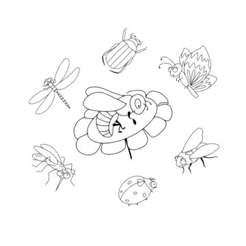 Flying insects set. Butterfly, fly, mosquito, bee, beetle, dragonfly and ladybug vector illustration in black and white hand drawn style