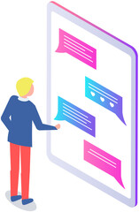 Male character uses smartphone to communicate. Man chatting in messenger, online chat. Application for virtual communication in smartphone. Guy sends message in mobile app. Messenger interface concept