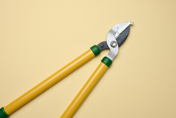 Large garden pruner for cutting branches on trees on a paper background