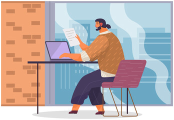 Office staff, manager work and communication. Office worker at the table. Business employees on their workspace. Co-worker. Businessman or a clerk working at his office workplace flat style