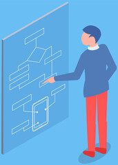 Man interacting with screen digital device presses button on map. Isometric monitor with infographic. Concept of business assistance. Interactive information kiosk, advertising display, terminal stand