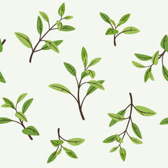 Branch with green leaves. Trendy pattern with twig. Vector illustration.