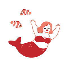 Cute mermaid character. Happy mermaid swimming in blue transparent water with fish. Vector illustration.