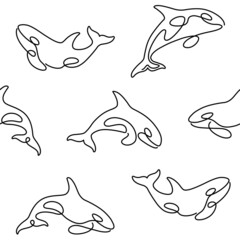 Simple seamless trendy animal pattern with orca silhouette. Contour black and white vector illustration.
