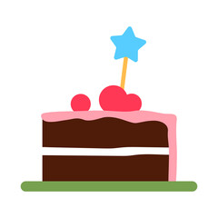 Chocolate cake with candy colorful flat icon isolated on white background. Fresh portion of brownie. Holiday creamy piece of pie minimal sign, logo design. Frosting dessert slice vector illustration.