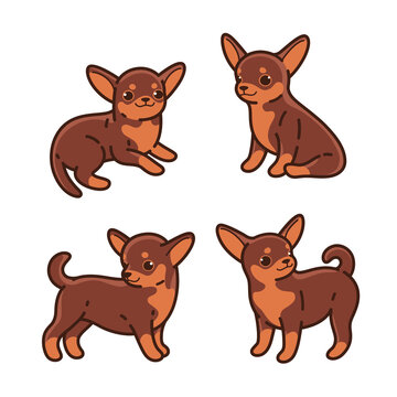 Cartoon dog icon set. Different poses of chihuahua. Vector illustration for prints, clothing, packaging, stickers.