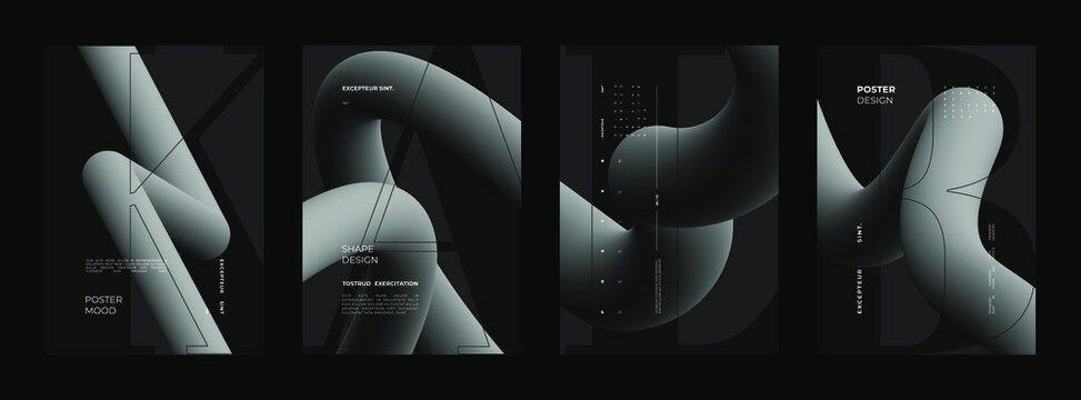 Abstract set Placards, Posters, Flyers, and Banner Designs. Vertical A4 format. Strict and discreet brochure. Type and 3D shapes.