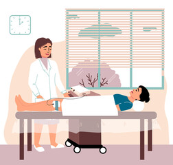 Physical therapy. Use of electrodes for the treatment of knee pain. Woman patient is lying on the couch. Doctor Therapist. Modern clinic.Vector illustration