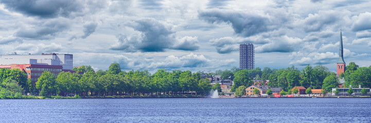 Fototapeta premium Panoramic view of the Vaxjo city in Sweden with lake and city center