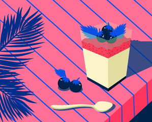 Vector illustration of the famous Italian cuisine dessert panna cotta in pink blue colors palette
