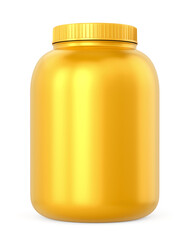 Gold colored plastic jar of protein or gainer powder isolated on white background