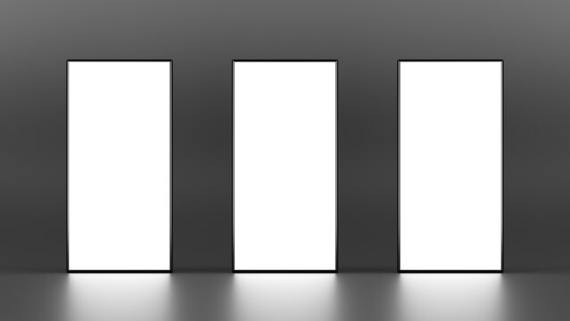 Three rectangle lightboxe stands on dark background. 3D illustration