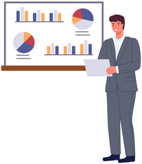 Pensive employee or businessman holding document. Young male character carrying papers. Portrair of adult modern man in casual clothes. Smiling guy with sheet of paper in hands vector illustration