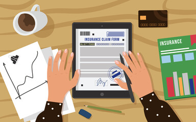 Female insurance agent fills out an insurance claim form on a tablet computer. View of the desktop workspace from above. Magazine, credit card, papers, cup of coffee. Vector illustration