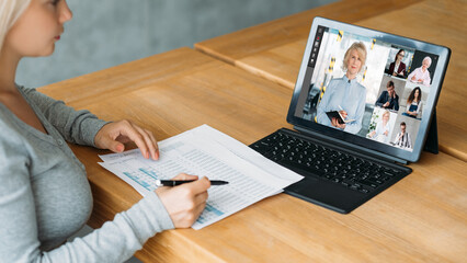 Distant briefing. Video meeting. Corporate network. Business coworkers discussing strategy plan working online in digital office on laptop screen.