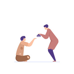 alms or giving zakat. a man gives food aid or takjil to break the fast. iftar. share sustenance to the poor, beggars, homeless, or people in need. flat cartoon character illustration. concept design
