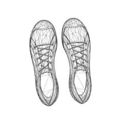 Wireframe of sports sneakers from black lines isolated on white background. View from above. 3D. Vector illustration.