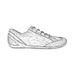 Wireframe of sports sneakers from black lines isolated on white background. Side view. 3D. Vector illustration.