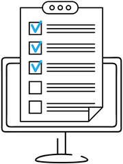 Do to list on presentation tablet, questionnaire. Check mark in form, paper checklist on clipboard. Filling out document with data. Work with information, analytics. Sheet of paper, document, planning