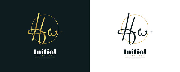 HW Initial Signature Logo Design in Gold Handwriting Style. Initial H and W Logo Design for Wedding, Fashion, Jewelry, Boutique and Business Brand Identity