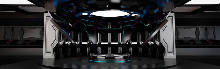 Podium in spaceship or space station interior, Sci Fi tunnel, stage for product presentation, Banner for Website, 3D rendering.