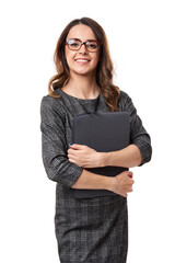 Happy businesswoman with laptop on white background