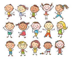 Set of hand drawn cute cartoon doodle kids. Happy children different cultures and skin color