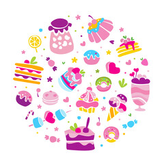 Sweets Hand Drawn Cake, Cupcake and Ice Cream Dessert Vector Circle Arrangement