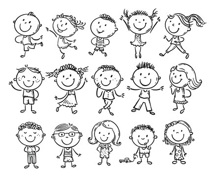 Set of outline stick figure, happy kids clipart illustration