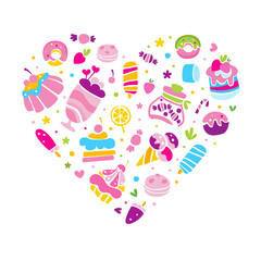 Sweets Hand Drawn Cake, Cupcake and Ice Cream Dessert Vector Heart Arrangement