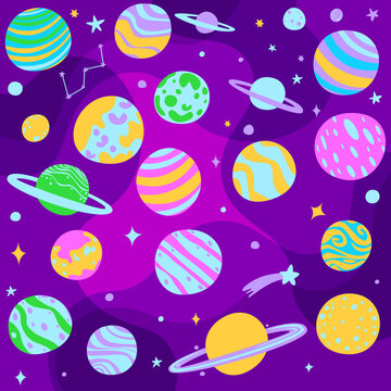vector illustration of colorful planet and stars for seemless pattern in cute cartoon style