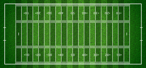 Realistic American football field background top view with grass texture. Sport playground with white lines layout and turf pattern. Standard stadium vector illustration. Match arena
