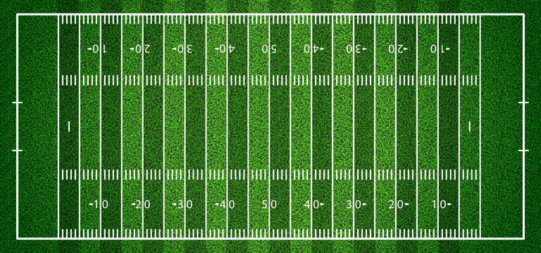 Realistic American Football Field Background Top View With Grass Texture. Sport Playground With White Lines Layout And Turf Pattern. Standard Stadium Vector Illustration. Match Arena